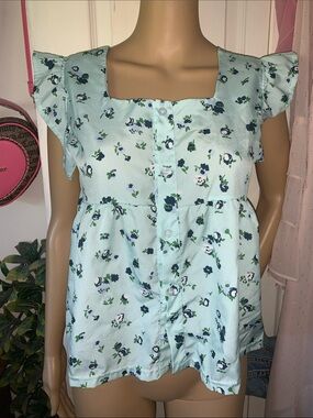square neckline blue floral ruffle sleeve empire button down babydoll top S